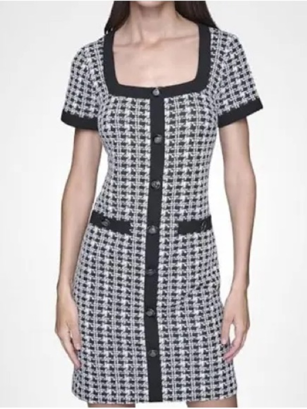 Karl Lagerfeld Paris Black White Tweed Dress Size 8 Button Front